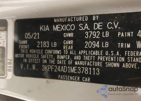 2021 Kia Forte Lxs z USA, uszkodzony, nr VIN 3KPF24AD1ME378113